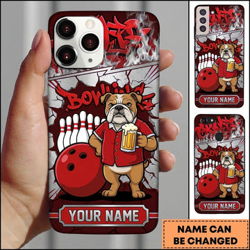 Maxcorners Bowling Phone Case Bulldog Mascot Shirt Holding Beer Mug Ball Pins Graffiti Crack Wall Personalized Name Multi Options Cover (7 Colors)