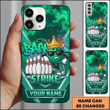 Maxcorners Bowling Phone Case Ball Mascot Crown Sunglasses Leaning Pins Strike Graffiti Carbon Fiber Personalized Name Multi Options Cover (7 Colors)