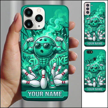 Maxcorners Bowling Phone Case Muscular Ball Character Sunglasses Flexing Biceps Shattered Pins Smoke Graffiti Personalized Name Multi Options Cover (7 Colors)