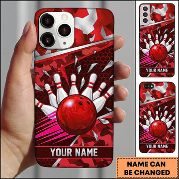 Maxcorners Bowling Phone Case Swirl Texture Ball Strike Pins Camo Camouflage Pattern Hexagon Mesh Splinters Personalized Name Multi Options Cover (7 Colors)