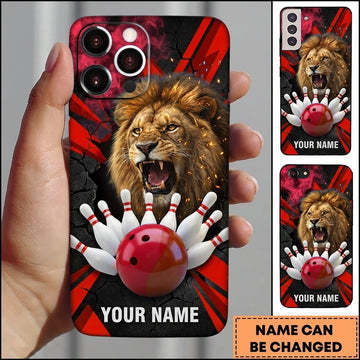 Maxcorners Bowling Phone Case Roaring Lion Mane Sparks Cracked Concrete Surface Ball Strike Pins Personalized Name Multi Options Cover (7 Colors)