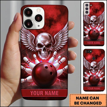 Maxcorners Bowling Phone Case Winged Metallic Skull Feather Wings Electric Lightning Bolts Ball Strike Pins Smoke Personalized Name Multi Options Cover (7 Colors)