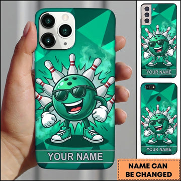 Maxcorners Bowling Phone Case Cool Ball Mascot Character Sunglasses Sneakers Pins Strike Cartoon Polygon Background Personalized Name Multi Options Cover (7 Colors)