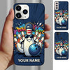 Maxcorners Bowling Phone Case Pin Mascot Cap Sunglasses Holding Ball Pins Graffiti Brick Wall Comic Splash Personalized Name Multi Options Cover (7 Colors)