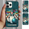 Maxcorners Bowling Phone Case Pin Mascot Cap Sunglasses Holding Ball Pins Graffiti Brick Wall Comic Splash Personalized Name Multi Options Cover (7 Colors)