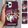 Maxcorners Bowling Phone Case Pin Mascot Cap Sunglasses Holding Ball Pins Graffiti Brick Wall Comic Splash Personalized Name Multi Options Cover (7 Colors)