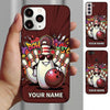 Maxcorners Bowling Phone Case Pin Mascot Cap Sunglasses Holding Ball Pins Graffiti Brick Wall Comic Splash Personalized Name Multi Options Cover (7 Colors)