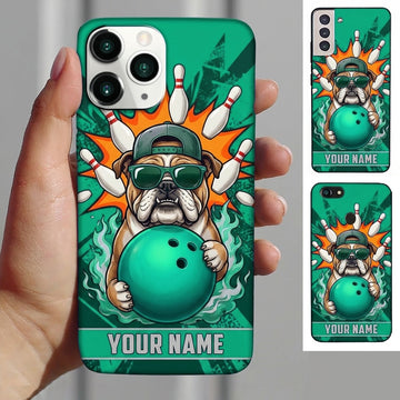 Maxcorners Bowling Phone Case Bulldog Mascot Cap Sunglasses Holding Ball Pins Fire Flames Explosion Personalized Name Multi Options Cover (7 Colors)