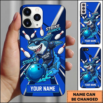 Maxcorners Bowling Phone Case Shark Mascot Sunglasses Jersey Holding Ball Pins Splash Stripe Background Personalized Name Multi Options Cover (7 Colors)