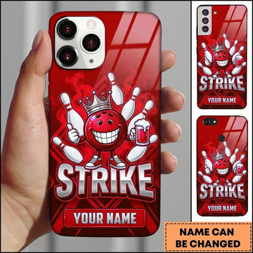 Maxcorners Bowling Phone Case Smiling Ball Mascot Crown Holding Beer Mug Pins Chevron Pattern Smoke Personalized Name Multi Options Cover (7 Colors)