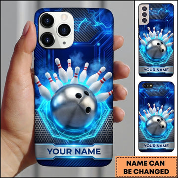 Maxcorners Bowling Phone Case Metallic Ball Glowing Hexagon Frame Circuit Grid Pins Carbon Pattern Personalized Name Multi Options Cover (7 Colors)