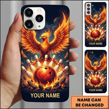 Maxcorners Bowling Phone Case Mythical Phoenix Firebird Spreading Wings Fiery Flames Ball Pins Strike Rocks Personalized Name Multi Options Cover