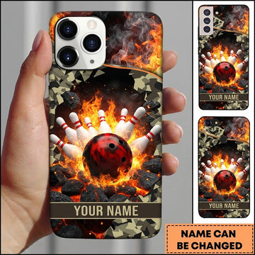 Maxcorners Bowling Phone Case Fiery Burning Coals Fire Flames Camouflage Camo Pattern Ball Pins Personalized Name Multi Options Cover