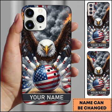 Maxcorners Bowling Phone Case American USA Flag Ball Majestic Bald Eagle Spreading Wings Pins Alley Personalized Name Multi Options Cover