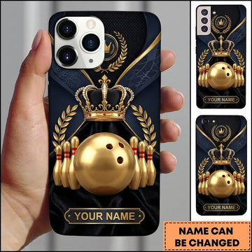 Maxcorners Bowling Phone Case Royal Crown Imperial Crest Laurel Wreath Metallic Ball Pins Leather Pattern Personalized Name Multi Options Cover