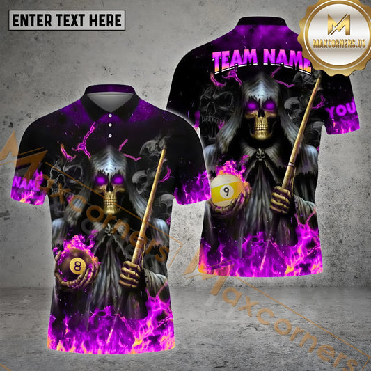Maxcorners Billiard 8 Ball & 9 Ball Skull Multicolor Options Personalized Name, Team Name 3D Polo Shirt (4 Colors)