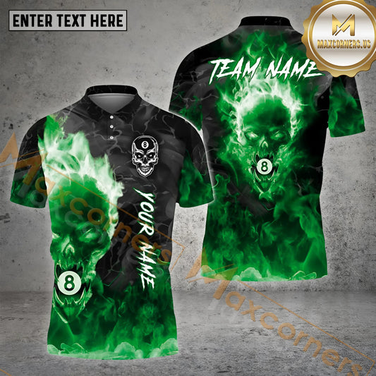 Maxcorners Billiard Flame 8 Ball Skull Multicolor Options Personalized Name, Team Name 3D Polo Shirt (4 Colors)