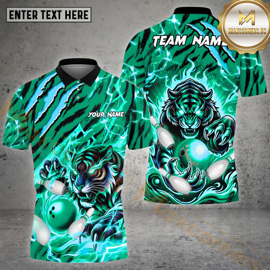 Maxcorners Tiger Fight Bowling & Pins Pattern Multicolor Option Customized Name, Team Name 3D Polo Shirt (4 Colors)