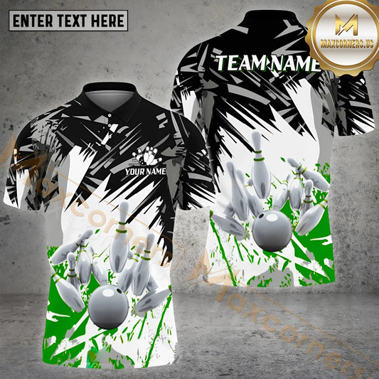 Maxcorners Diamond Bowling & Pins Pattern Multicolor Option Customized Name, Team Name 3D Polo Shirt (4 Colors)