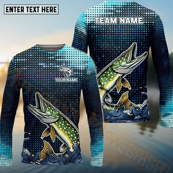 Maxcorners Customize Name Pike Fishing Sky Blue Black Shirt