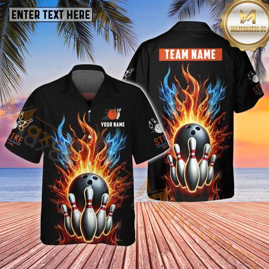 Maxcorners Fire Bowling Multicolor Customized Name, Team Name Hawaiian Shirt (4 Colors)