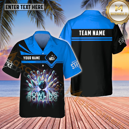 Maxcorners Strike Bowling & Pins Multicolor Customized Name, Team Name Hawaiian Shirt (4 Colors)