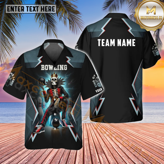 Maxcorners Strike King Skull Bowling & Pins Multicolor Customized Name, Team Name Hawaiian Shirt (4 Colors)