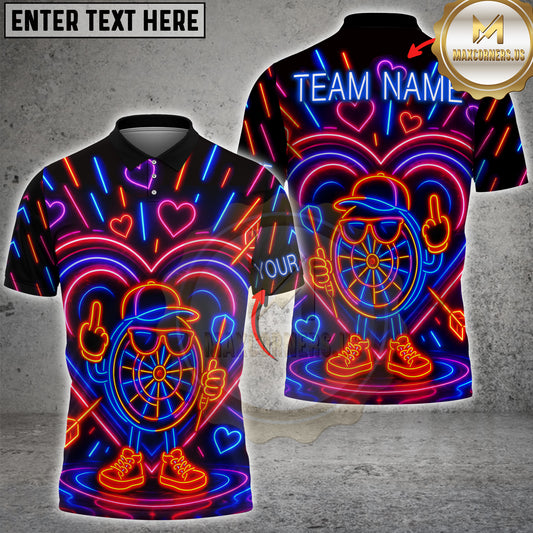 Maxcorners Neon Dartboard Funny Character Heart Glow Arcade Style Multicolor Options Personalized Name, Team Name 3D Shirt (4 Colors)