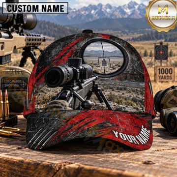 Maxcorners Long Range Shooting Rifle Scope Red Black Grunge Personalized Name 3D Cap
