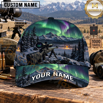 Maxcorners Long Range Shooting Precision Rifle Northern Lights Snowy Forest Personalized Name 3D Cap