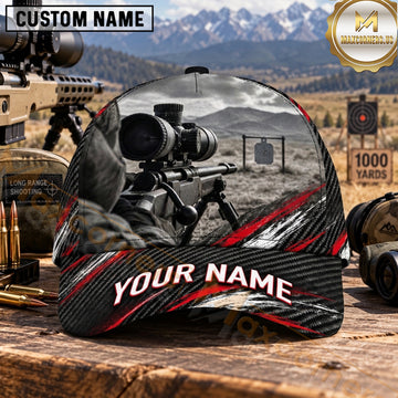 Maxcorners Long Range Shooting Rifle Scope Red Silver Diagonal Streaks Personalized Name 3D Cap