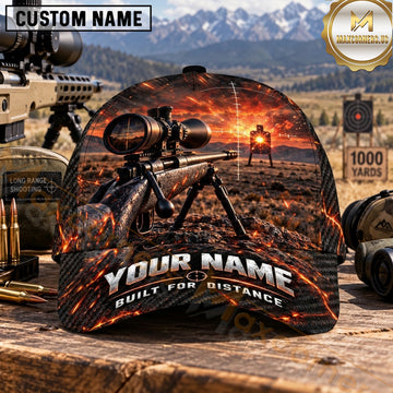 Maxcorners Long Range Shooting Built For Distance Fiery Orange Sunset Personalized Name 3D Cap