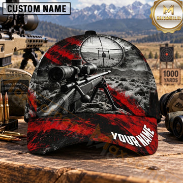 Maxcorners Long Range Shooting Scoped Rifle Red Grunge Crosshair Personalized Name 3D Cap
