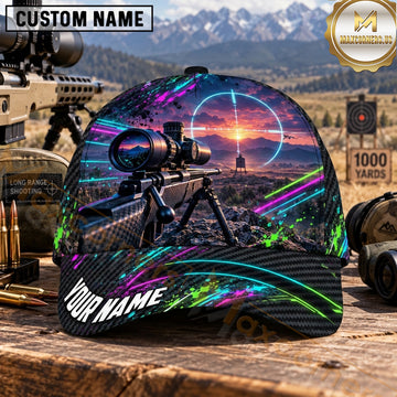 Maxcorners Long Range Shooting Precision Rifle Neon Purple Green Streaks Personalized Name 3D Cap