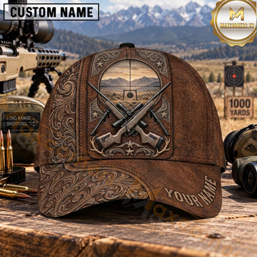 Maxcorners Long Range Shooting Crossed Rifles Western Tooled Leather Personalized Name 3D Cap