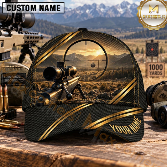 Maxcorners Long Range Shooting Scoped Rifle Black Gold Sunset Personalized Name 3D Cap