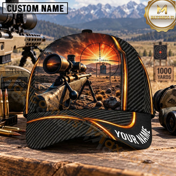 Maxcorners Long Range Shooting Scoped Rifle Orange Sunset Stripes Personalized Name 3D Cap