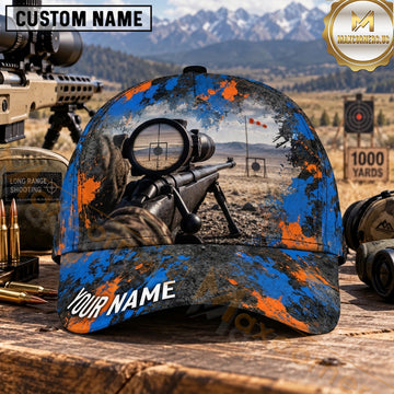 Maxcorners Long Range Shooting Rifle Scope Blue Orange Paint Splatter Personalized Name 3D Cap