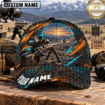 Maxcorners Long Range Shooting Precision Rifle Cyan Orange Honeycomb Personalized Name 3D Cap