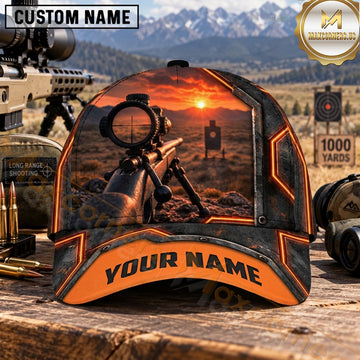 Maxcorners Long Range Shooting Rifle Scope Fiery Sunset Orange Trim Personalized Name 3D Cap