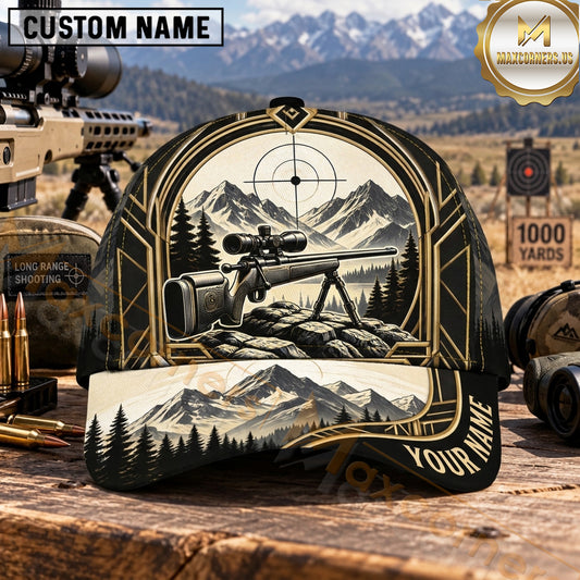 Maxcorners Long Range Shooting Precision Rifle Black Gold Mountain Emblem Personalized Name 3D Cap