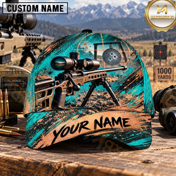 Maxcorners Long Range Shooting Scoped Rifle Turquoise Copper Grunge Personalized Name 3D Cap