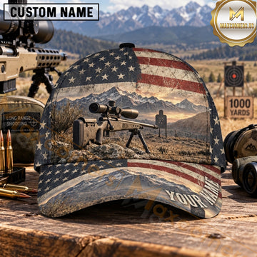 Maxcorners Long Range Shooting Scoped Rifle Distressed American Flag Personalized Name 3D Cap