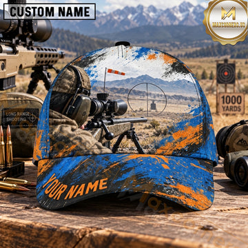 Maxcorners Long Range Shooting Target Rifle Blue Orange Splatter Personalized Name 3D Cap