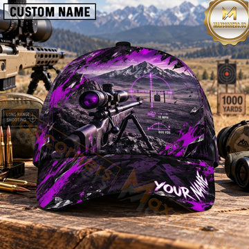 Maxcorners Long Range Shooting Scoped Rifle Purple Black Paint Splatter Personalized Name 3D Cap