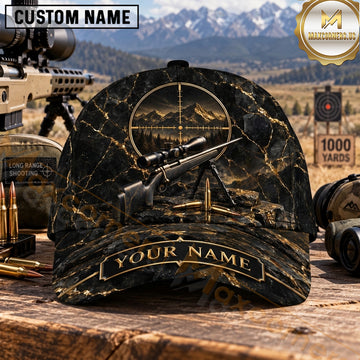 Maxcorners Long Range Shooting Precision Rifle Black Gold Marble Personalized Name 3D Cap