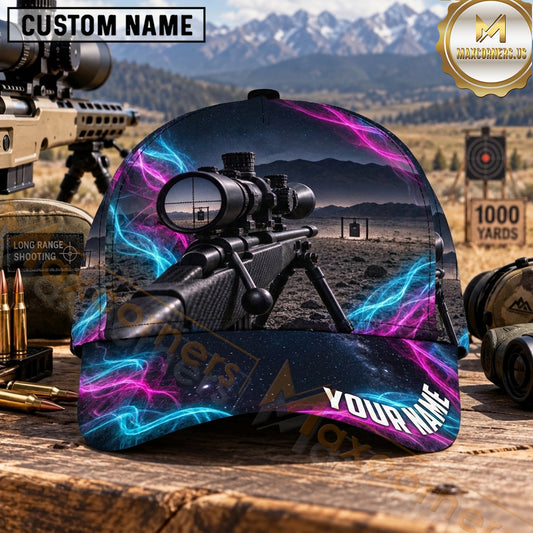 Maxcorners Long Range Shooting Precision Rifle Neon Cyan Magenta Smoke Personalized Name 3D Cap