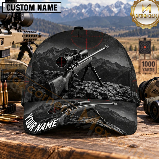 Maxcorners Long Range Shooting Scoped Rifle Monochrome Rocky Mountains Personalized Name 3D Cap