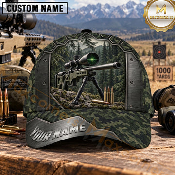 Maxcorners Long Range Shooting Scoped Rifle Olive Camo Metal Frame Personalized Name 3D Cap