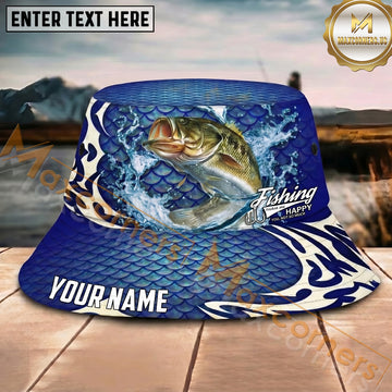 Maxcorners Fishing Blue Scale Happy Quote Personalized Name 3D Bucket Hat (12 Fish Species)
